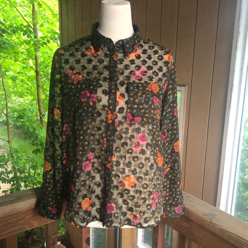 LOFT black and floral sheer button down